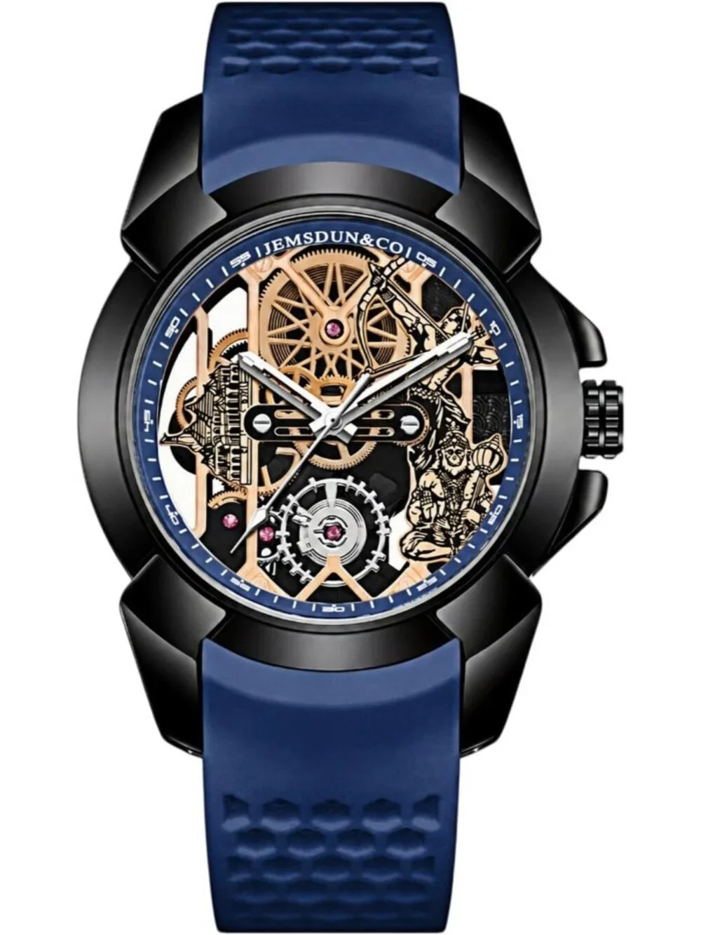Men's Blue Skeleton Luminous Quartz Silicone Strap Round Hollow Dial Wrist Watch